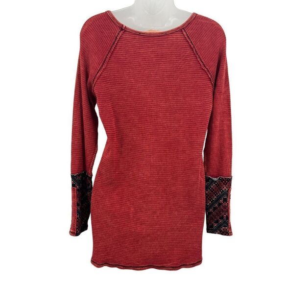 Soft Surroundings Women's Waffle Knit Patchwork Thermal Cuff Top Red XS Boho - Picture 5 of 13
